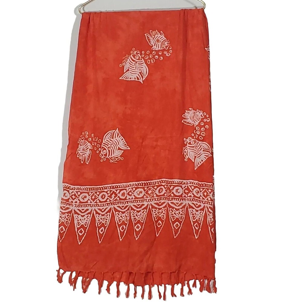 Coline Orange White Fringe Fish Butterflies Tribal Print Scarf Sarong Shawl Wrap